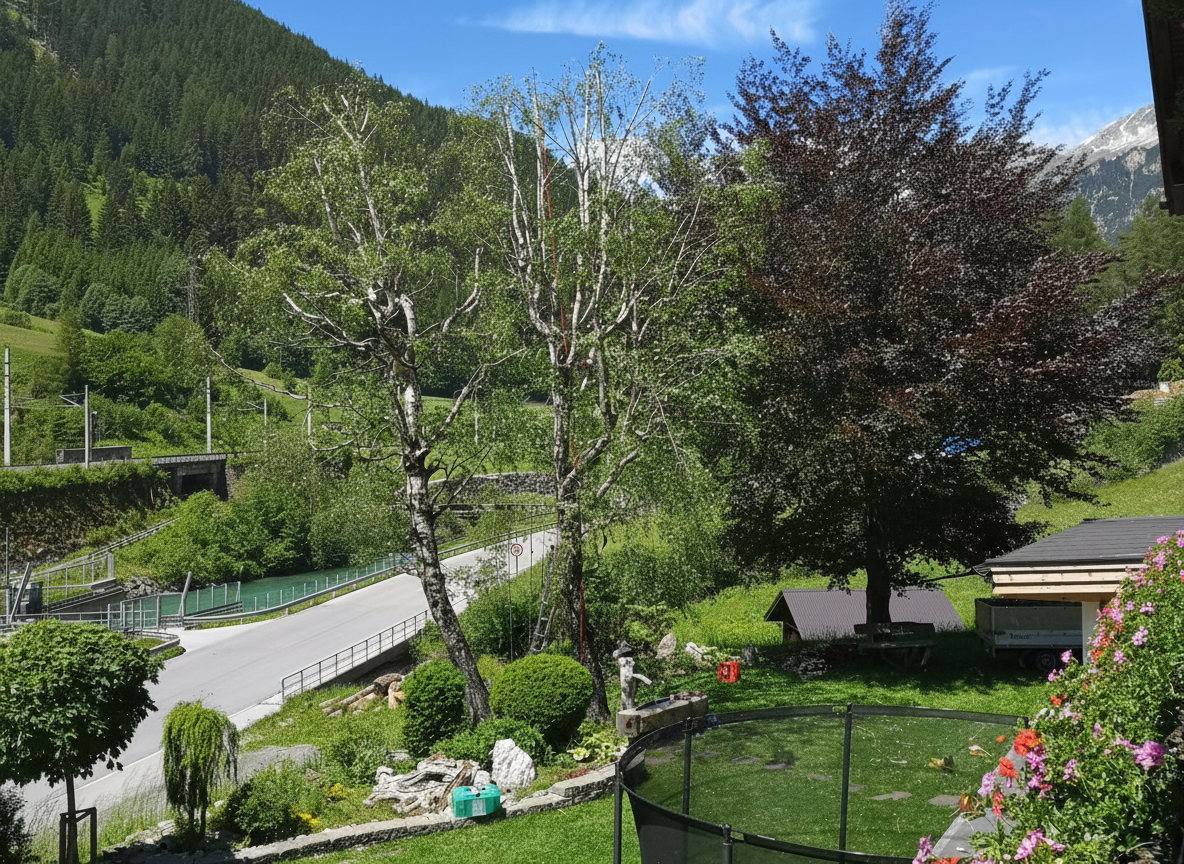 Zwei eingekürzte Birken in einem Garten mit Beet darunter, außerdem ist noch ein Kletterseil im Baum sichtbar.