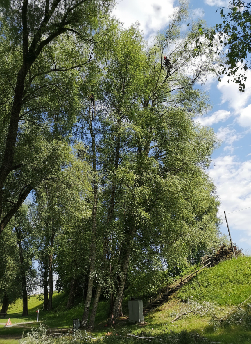 Ein Baumpfleger ca. 20 Meter hoch in der Krone einer Birke