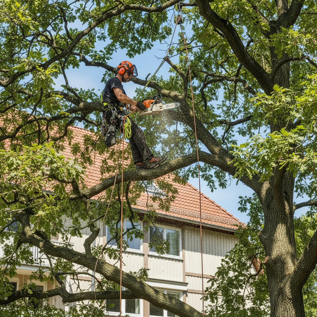 Baumexpert.at cuts branches with chainsaw above buildings so they fall away from buildings using rope technique