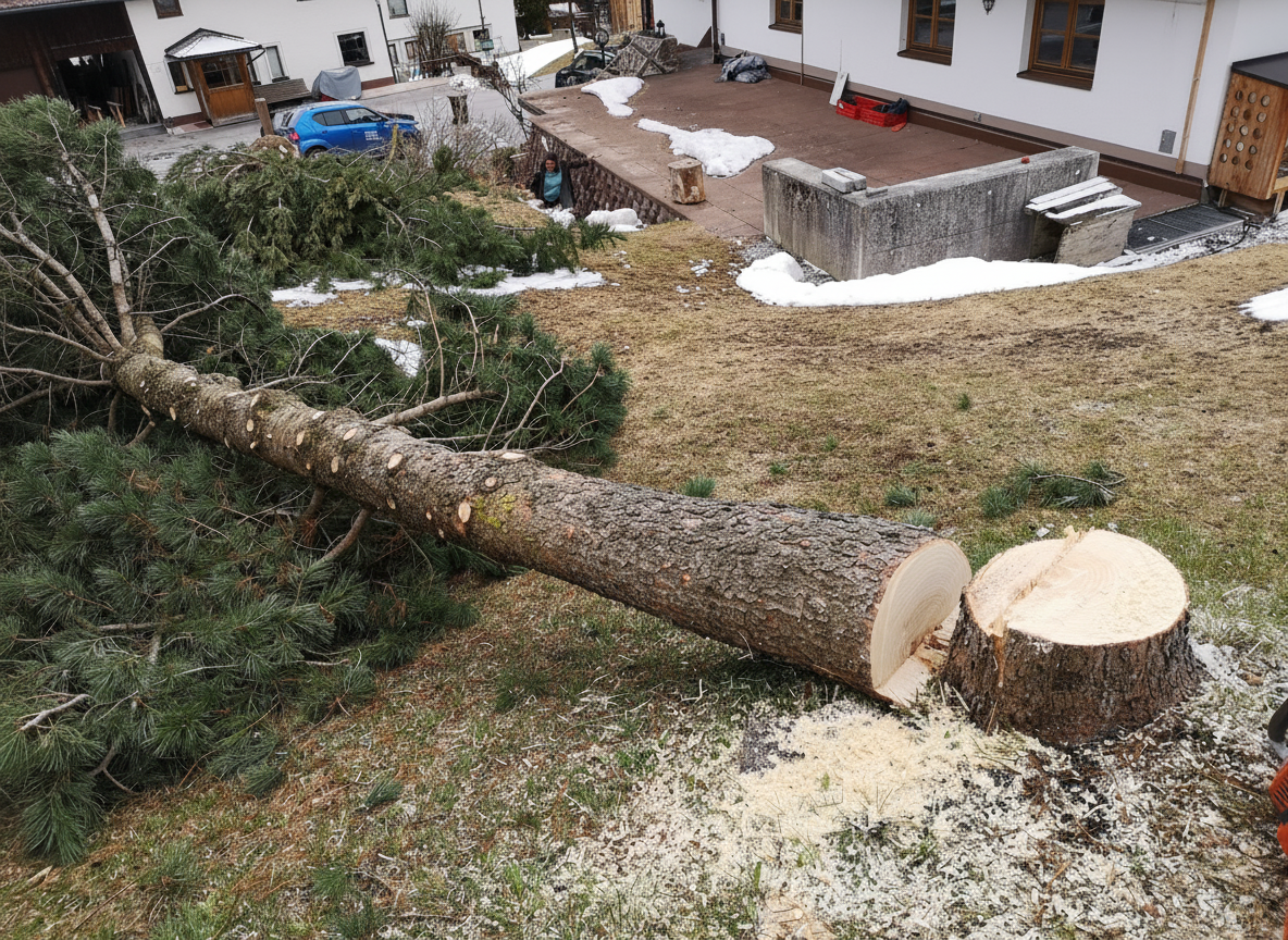 Professionally felled tree trunks in a garden in St. Anton am Arlberg, without damage to lawn or buildings